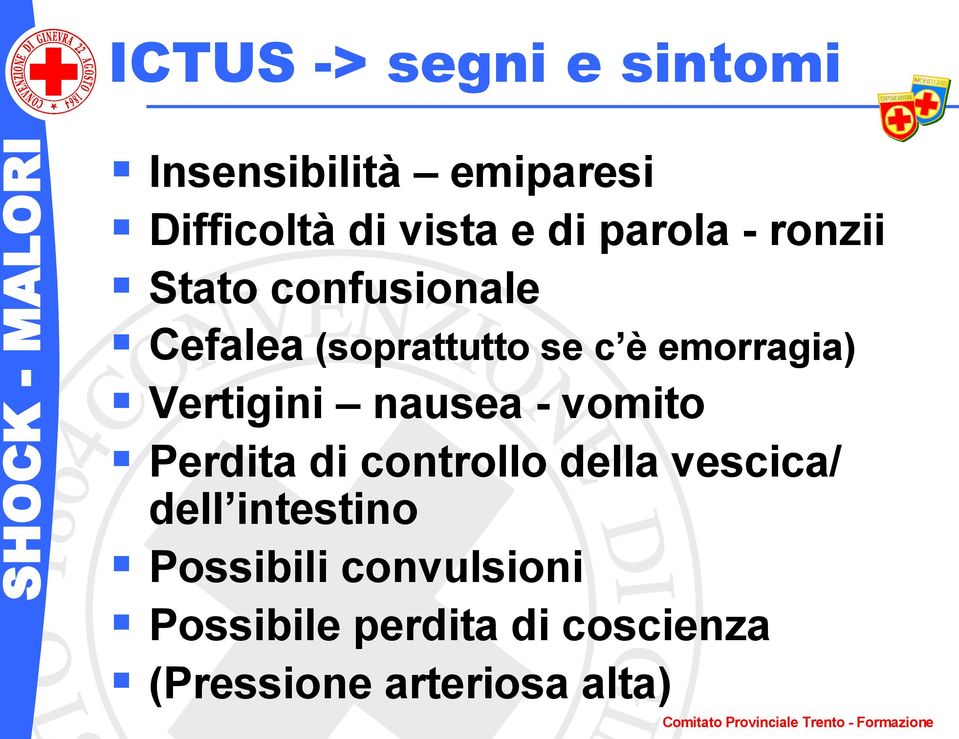 Vertigini nausea - vomito Perdita di controllo della vescica/ dell