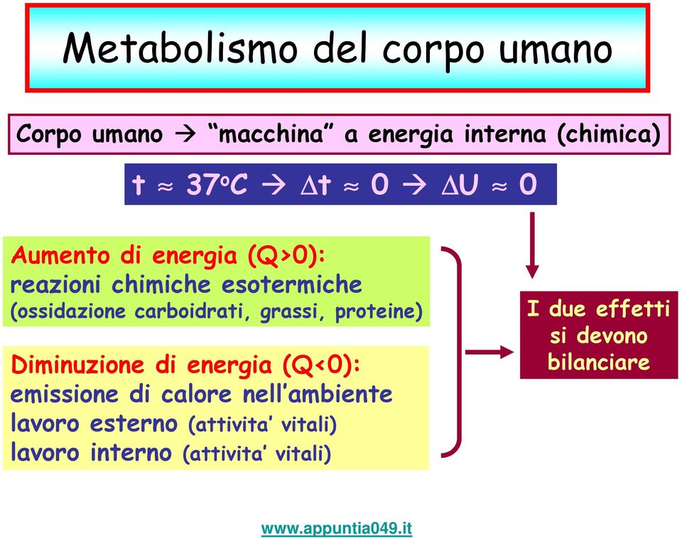 grassi, proteine) Diminuzione di energia (Q<0): emissione di calore nell ambiente lavoro