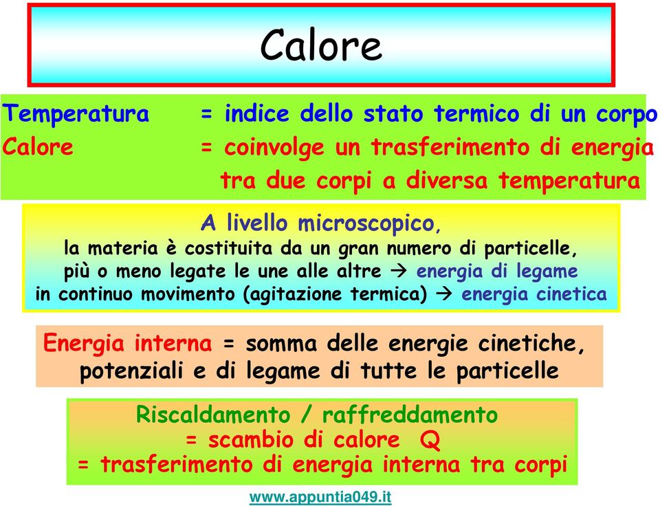 energia di legame in continuo movimento (agitazione termica) energia cinetica Energia interna = somma delle energie cinetiche,