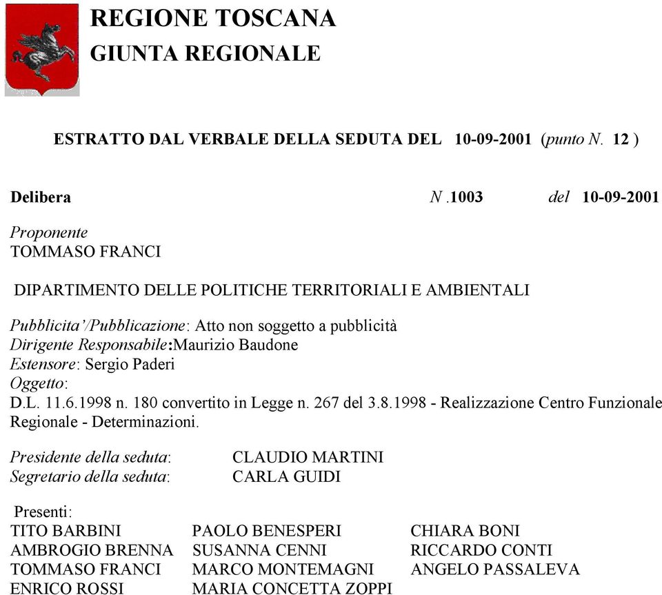 Responsabile:Maurizio Baudone Estensore: Sergio Paderi Oggetto: D.L. 11.6.1998 n. 180 convertito in Legge n. 267 del 3.8.1998 - Realizzazione Centro Funzionale Regionale - Determinazioni.