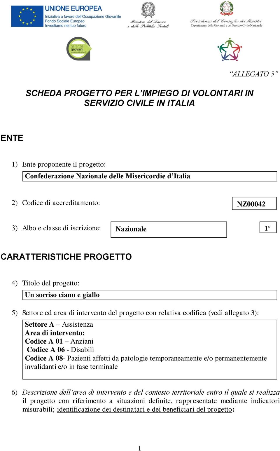 relativa codifica (vedi allegato 3): Settore A Assistenza Area di intervento: Codice A 01 Anziani Codice A 06 - Disabili Codice A 08- Pazienti affetti da patologie temporaneamente e/o permanentemente