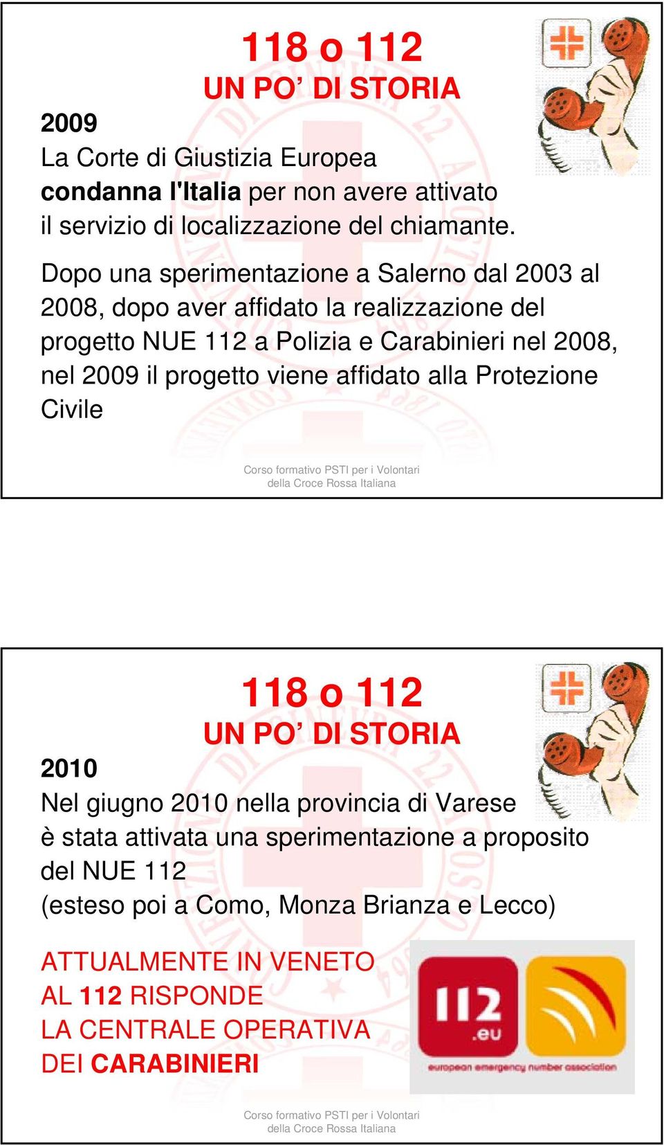 2009 il progetto viene affidato alla Protezione Civile 118 o 112 UN PO DI STORIA 2010 Nel giugno 2010 nella provincia di Varese è stata attivata una