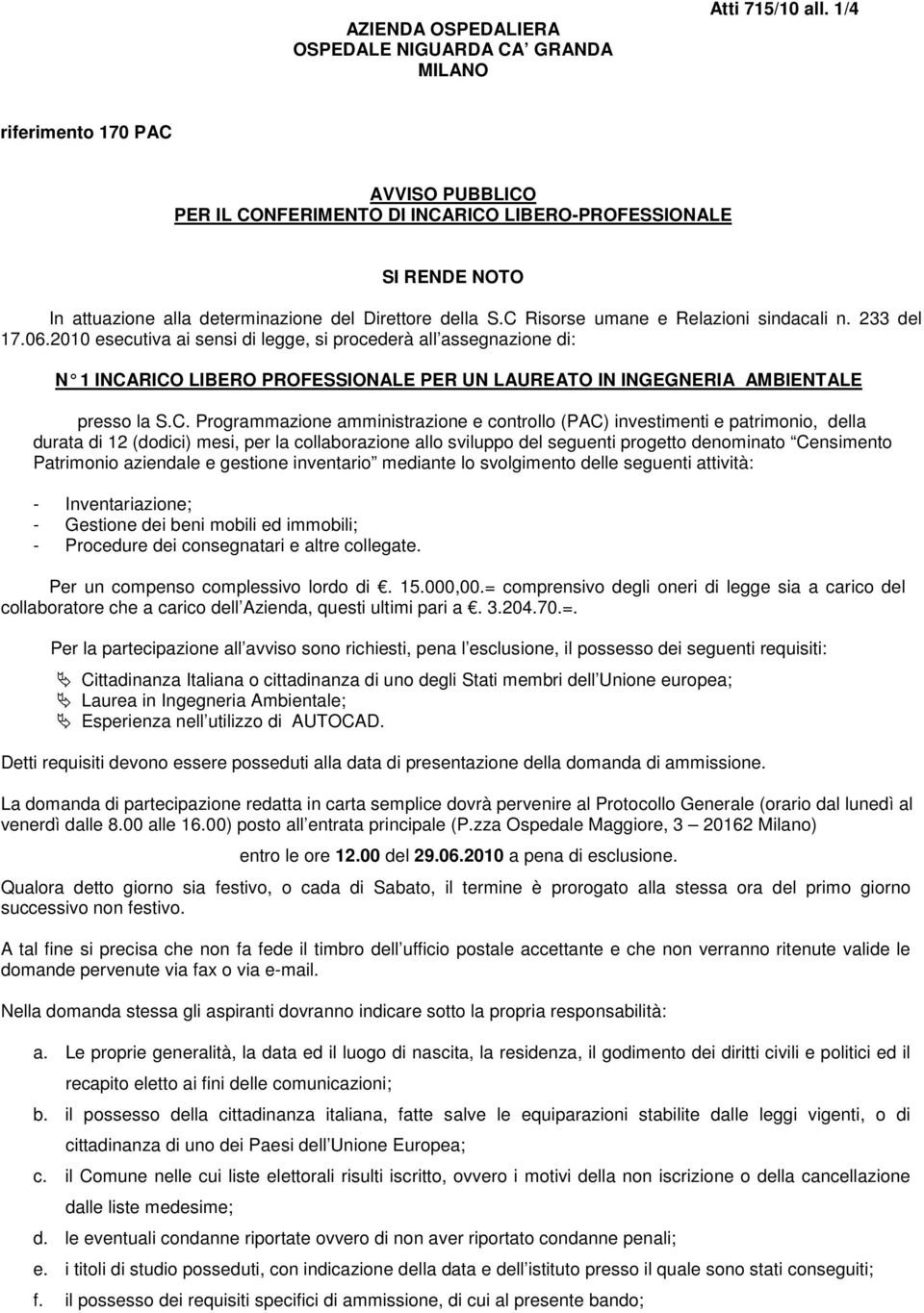 C Risorse umane e Relazioni sindacali n. 233 del 17.06.