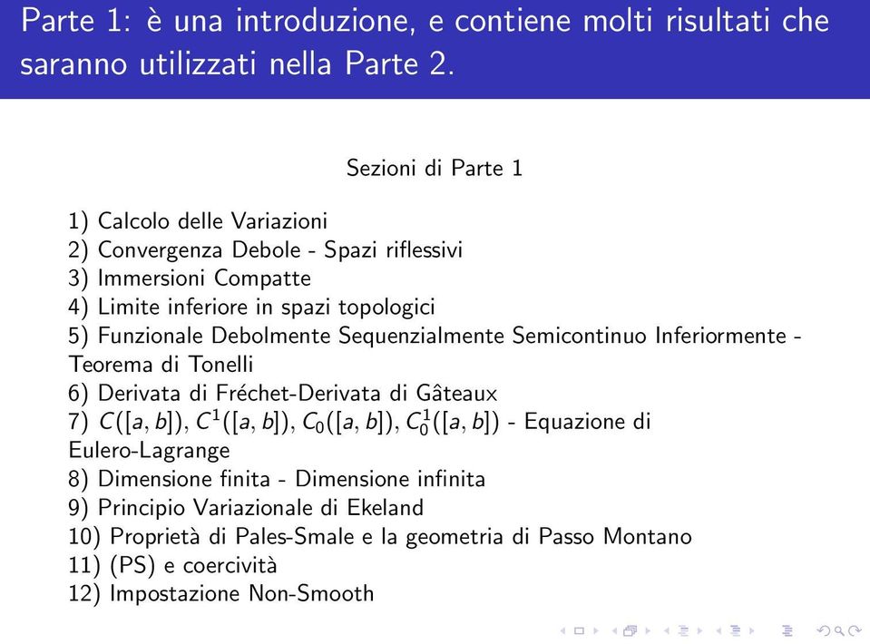 Funzionale Debolmente Sequenzialmente Semicontinuo Inferiormente - Teorema di Tonelli 6) Derivata di Fréchet-Derivata di Gâteaux 7) C([a, b]), C 1 ([a, b]), C 0