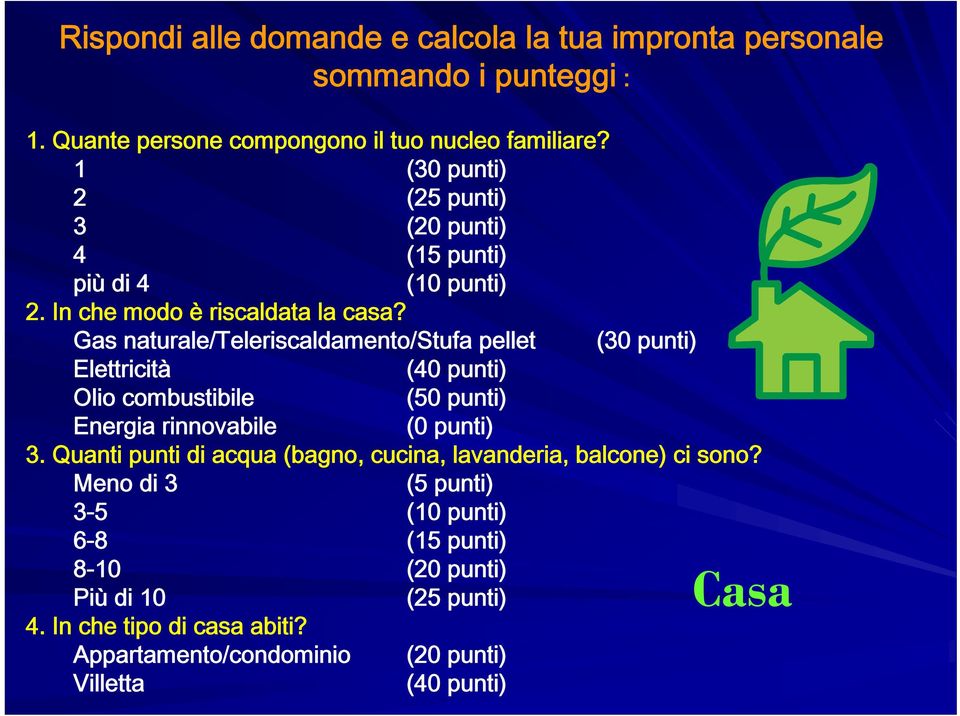 Gas naturale/teleriscaldamento/stufa pellet (30 punti) Elettricità (40 punti) Olio combustibile (50 punti) Energia rinnovabile (0 punti) 3.