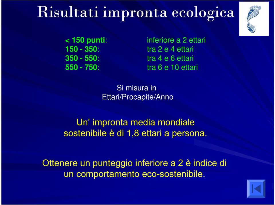 Ettari/Procapite/Anno Un impronta media mondiale sostenibile è di 1,8 ettari a