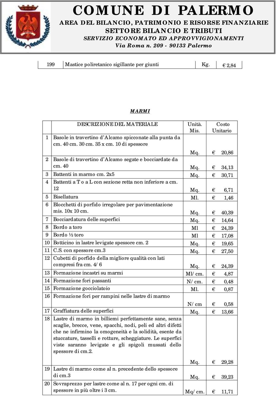 12 Mq. 6,71 5 Bisellatura Ml. 1,46 6 Blocchetti di porfido irregolare per pavimentazione mis. 10x 10 cm. Mq. 40,39 7 Bocciardatura delle superfici Mq.