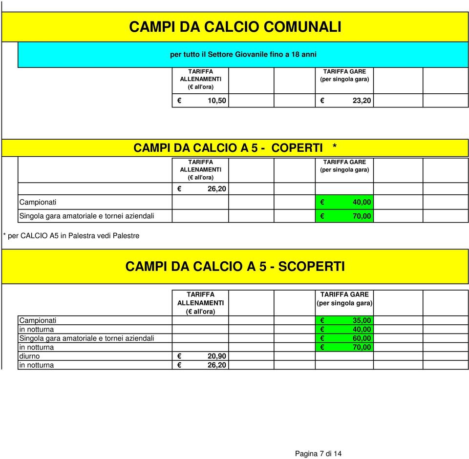 A5 in Palestra vedi Palestre CAMPI DA CALCIO A 5 - SCOPERTI GARE Campionati 35,00 in notturna 40,00