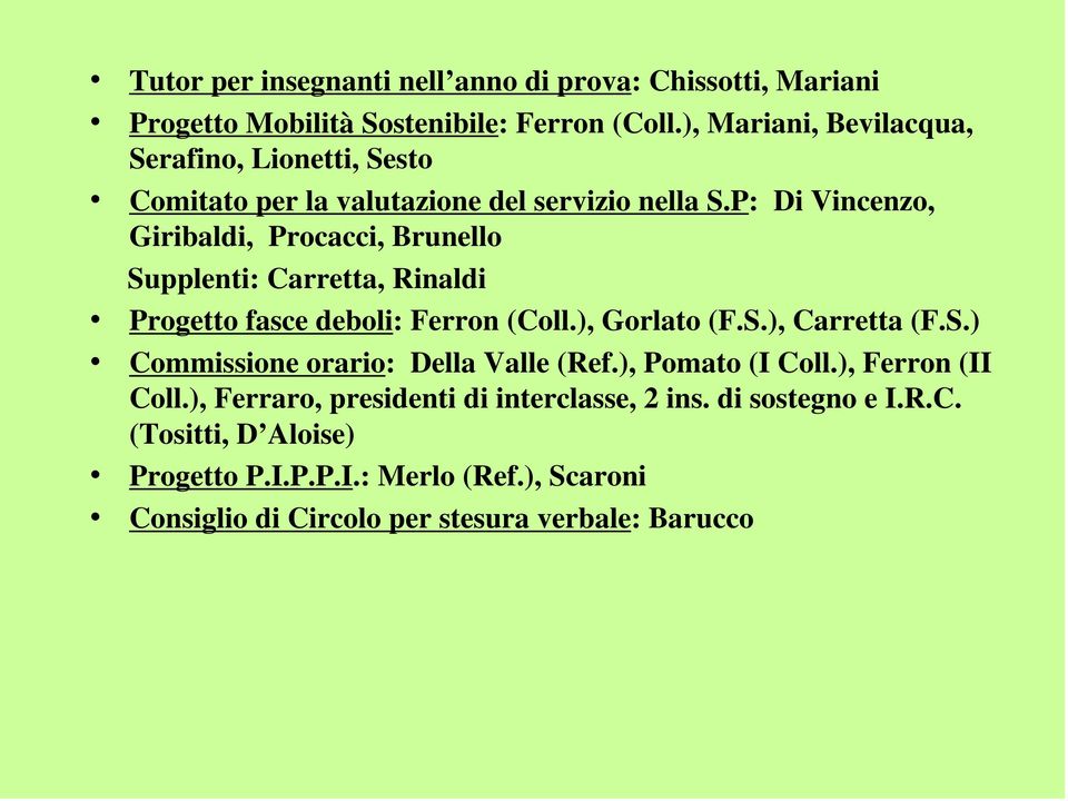 P: Di Vincenzo, Giribaldi, Procacci, Brunello Supplenti: Carretta, Rinaldi Progetto fasce deboli: Ferron (Coll.), Gorlato (F.S.), Carretta (F.S.) Commissione orario: Della Valle (Ref.