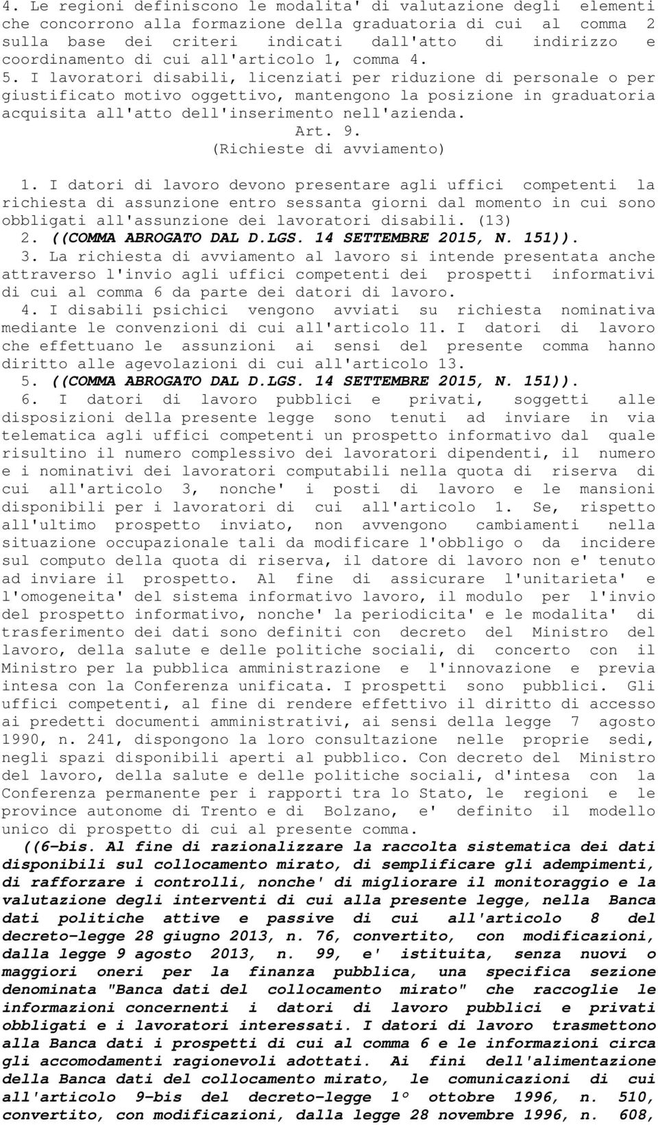 I lavoratori disabili, licenziati per riduzione di personale o per giustificato motivo oggettivo, mantengono la posizione in graduatoria acquisita all'atto dell'inserimento nell'azienda. Art. 9.