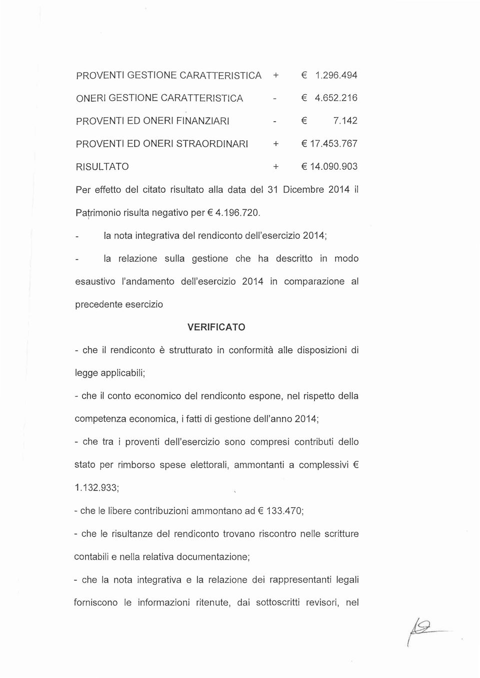 la nota integrativa del rendiconto dell'esercizio 2014; la relazione sulla gestione che ha descritto in modo esaustivo l'andamento dell'esercizio 2014 in comparazione al precedente esercizio