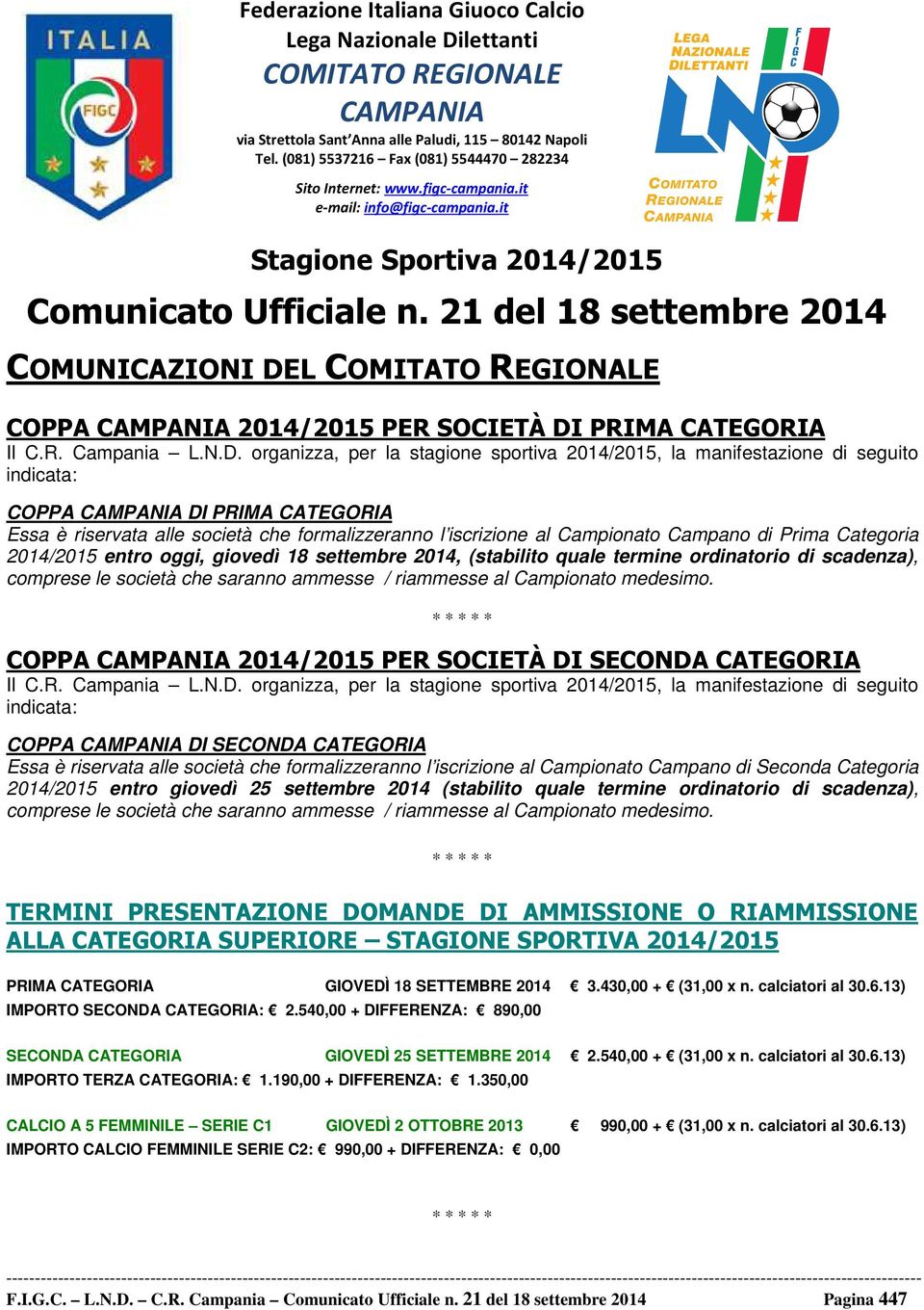 21 del 18 settembre 2014 COMUNICZIONI DE