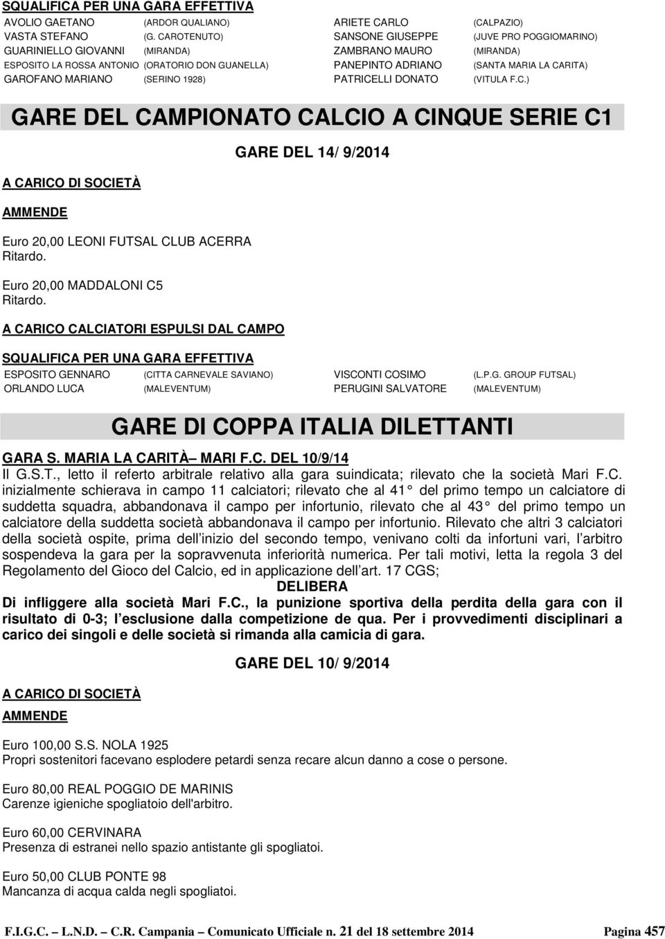 PTRICELLI DONTO (VITUL F.C.) GRE DEL CMPIONTO CLCIO CINQUE SERIE C1 CRICO DI SOCIETÀ MMENDE Euro 20,00 LEONI FUTSL CLUB CERR Ritardo. Euro 20,00 MDDLONI C5 Ritardo.