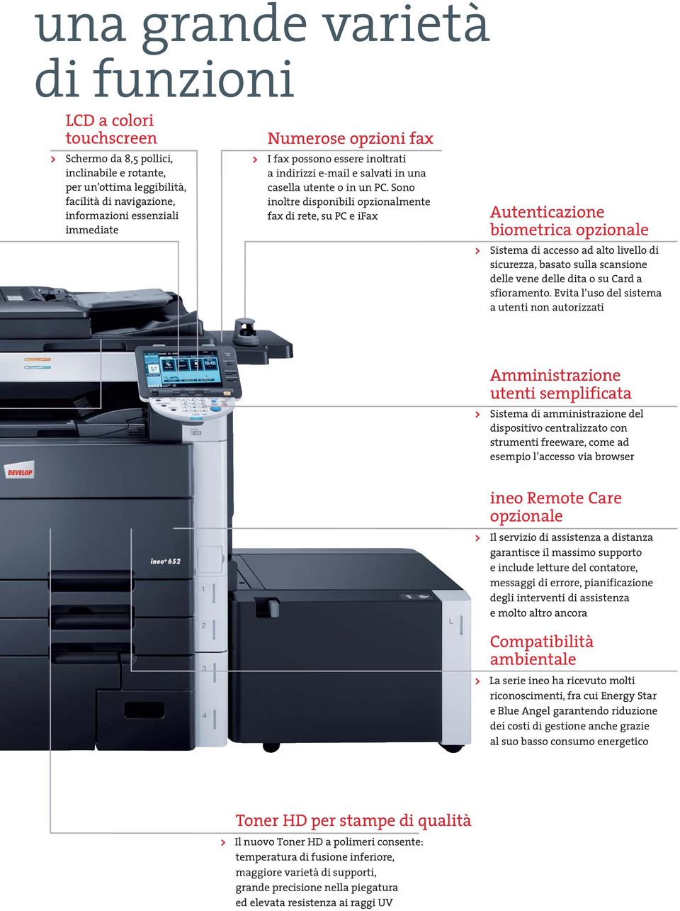 Sono inoltre disponibili opzionalmente fax di rete, su PC e ifax Autenticazione biometrica opzionale > Sistema di accesso ad alto livello di sicurezza, basato sulla scansione delle vene delle dita o