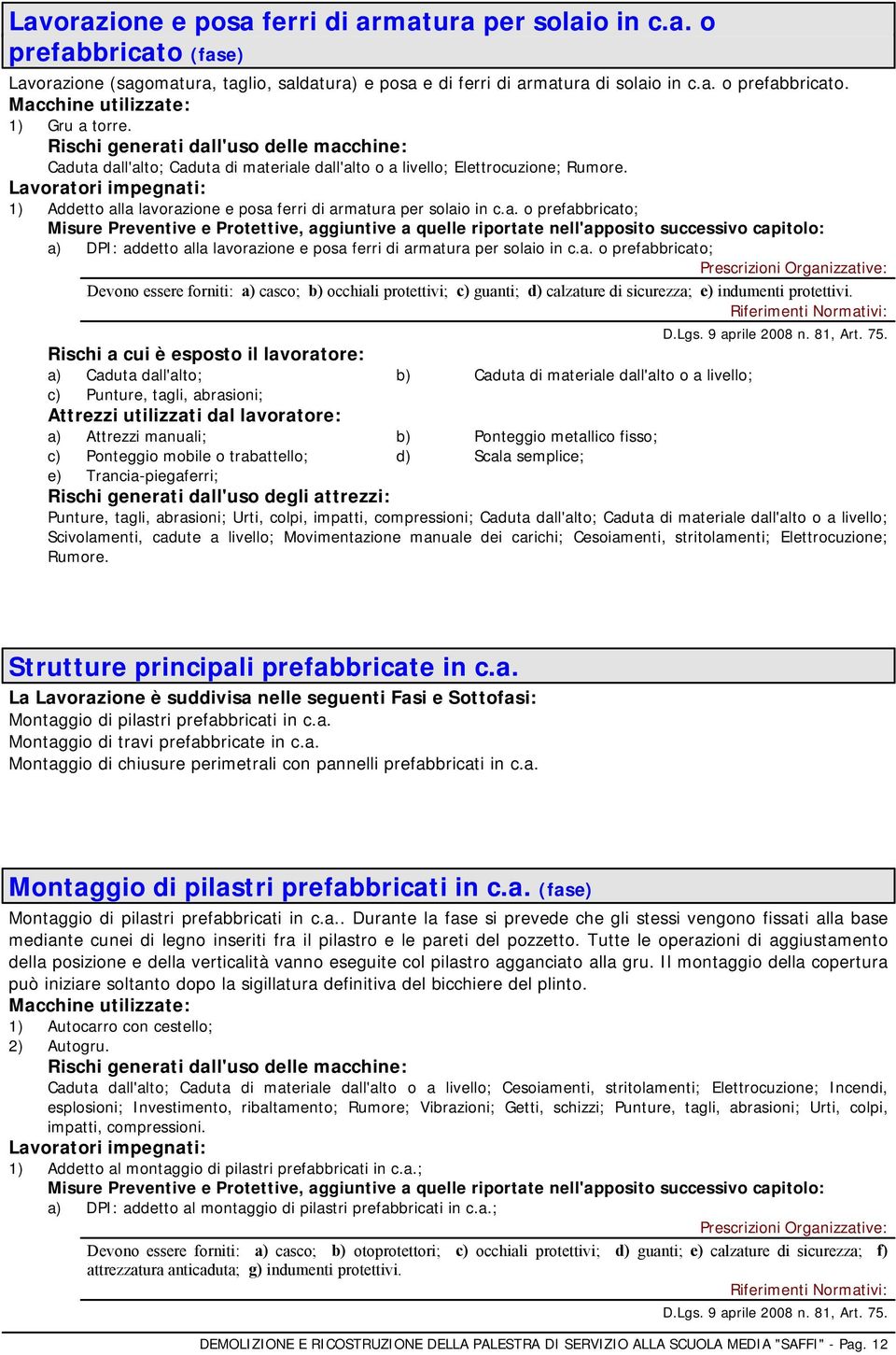 a. o prefabbricato; Devono essere forniti: a) casco; b) occhiali protettivi; c) guanti; d) calzature di sicurezza; e) indumenti protettivi.