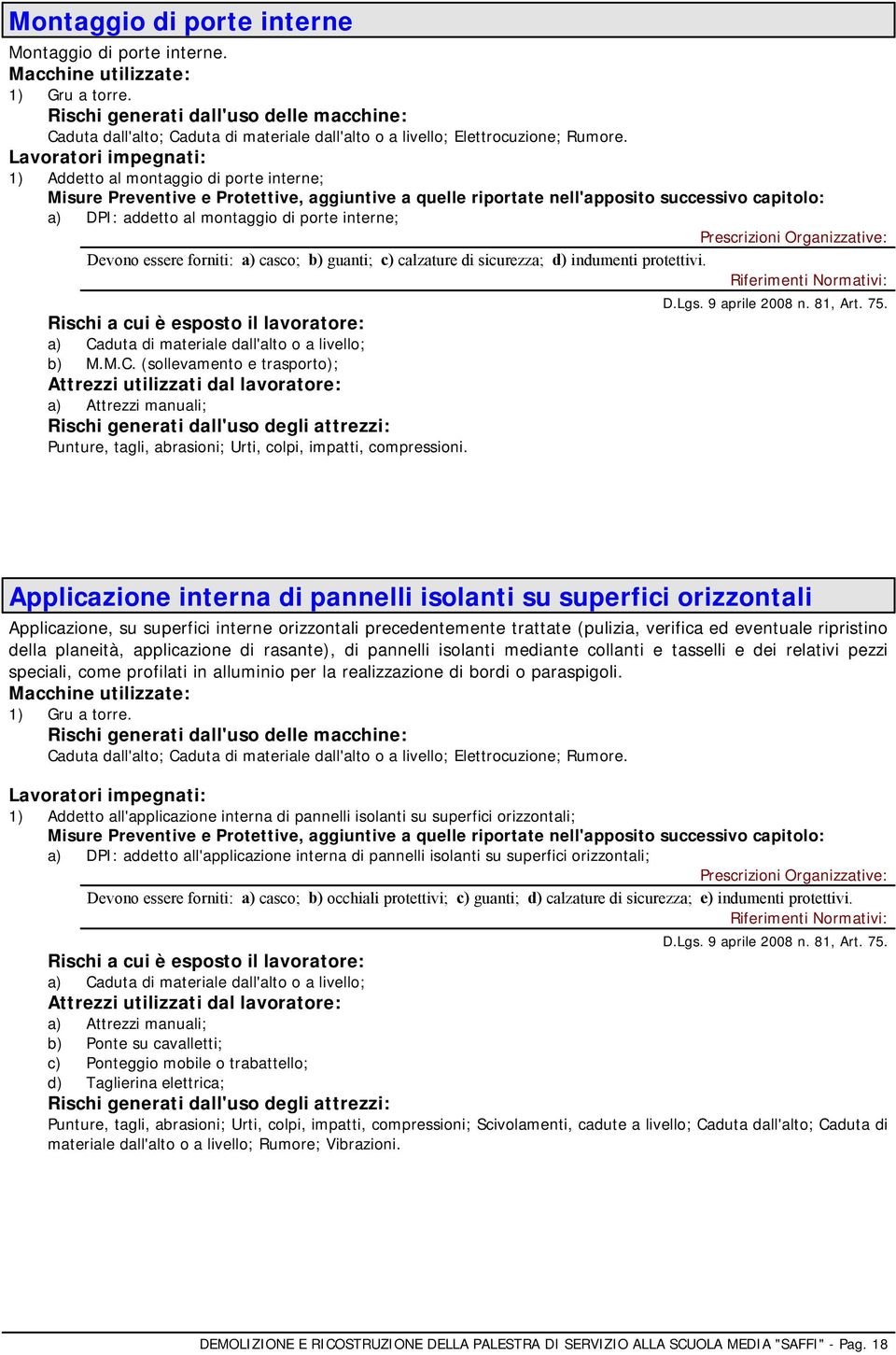 a) Caduta di materiale dall'alto o a livello; b) M.M.C. (sollevamento e trasporto); Punture, tagli, abrasioni; Urti, colpi, impatti, compressioni.