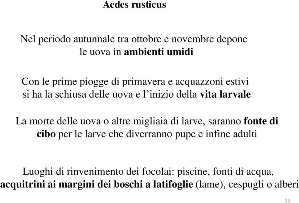 altre migliaia di larve, saranno fonte di cibo per le larve che diverranno pupe e infine adulti Luoghi di