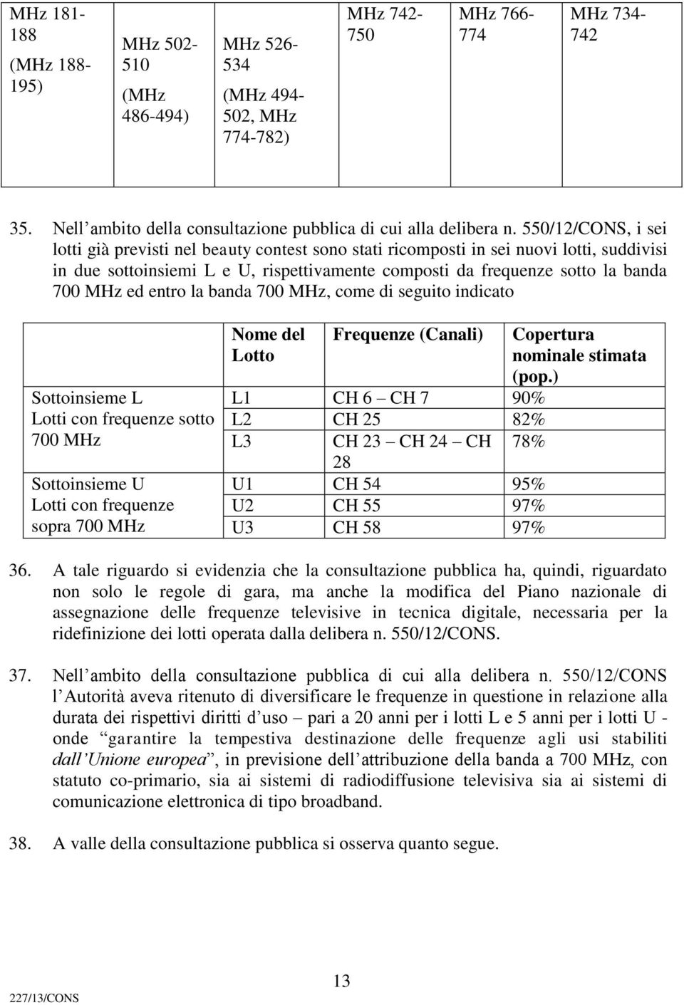 entro la banda 700 MHz, come di seguito indicato Sottoinsieme L Lotti con frequenze sotto 700 MHz Sottoinsieme U Lotti con frequenze sopra 700 MHz Nome del Lotto Frequenze (Canali) L1 CH 6 CH 7 90%