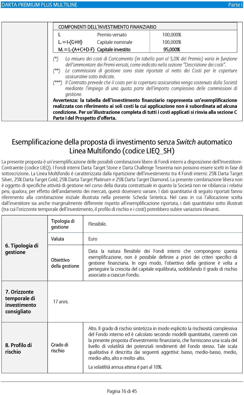 Descrizione dei costi. (**) Le commissioni di gestione sono state riportate al netto dei Costi per le coperture assicurative sotto indicate.