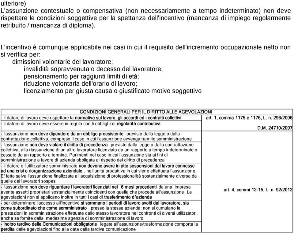 L'incentivo è comunque applicabile nei casi in cui il requisito dell'incremento occupazionale netto non si verifica per: dimissioni volontarie del lavoratore; invalidità sopravvenuta o decesso del