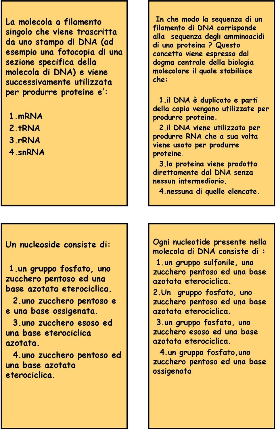 Questo concetto viene espresso dal dogma centrale della biologia molecolare il quale stabilisce che: 1.il DNA è duplicato e parti della copia vengono utilizzate per produrre proteine. 2.