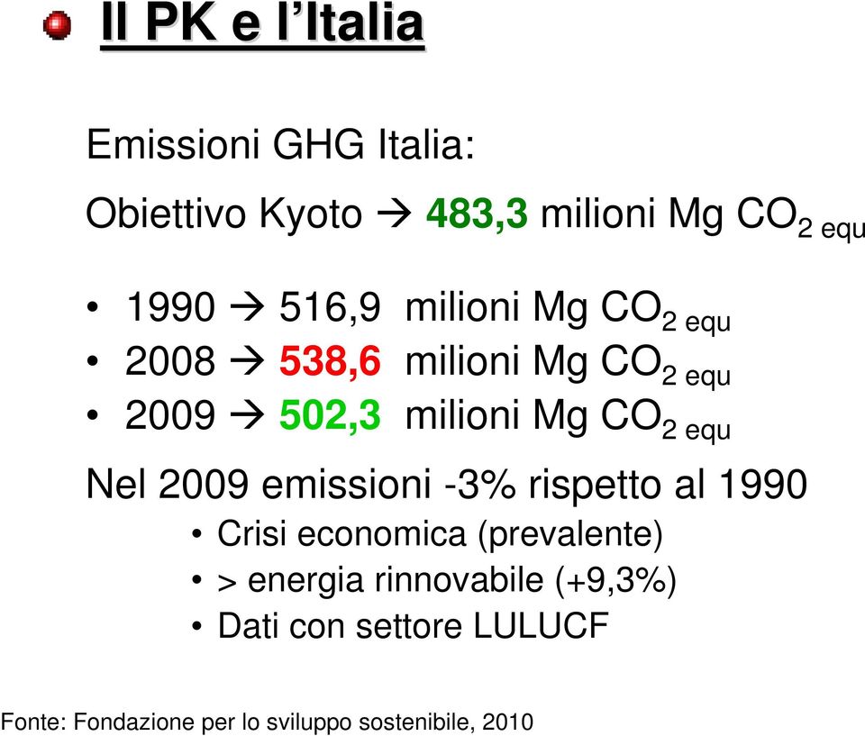Nel 2009 emissioni -3% rispetto al 1990 Crisi economica (prevalente) > energia