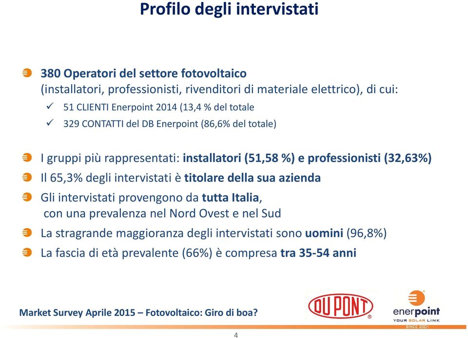 professionisti (32,63%) Il 65,3% degli intervistati è titolare della sua azienda Gli intervistati provengono da tutta Italia, con una prevalenza