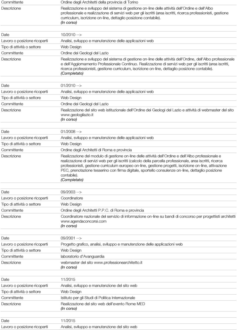 Date 10/2010 --> Ordine dei Geologi del Lazio Realizzazione e sviluppo del sistema di gestione on-line delle attività dell'ordine, dell'albo professionale e dell'aggiornamento Professionale Continuo.