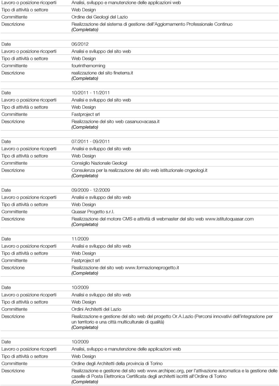 it Date 07/2011-09/2011 Consiglio Nazionale Geologi Consulenza per la realizzazione del sito web istituzionale cngeologi.it Date 09/2009-12/2009 Quasar Progetto s.r.l. Realizzazione del motore CMS e attività di webmaster del sito web www.