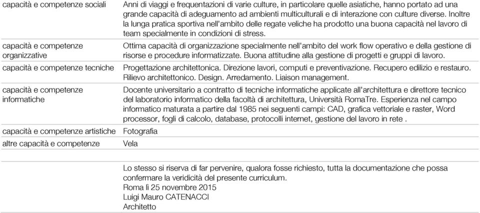 culture diverse. Inoltre la lunga pratica sportiva nell'ambito delle regate veliche ha prodotto una buona capacità nel lavoro di team specialmente in condizioni di stress.