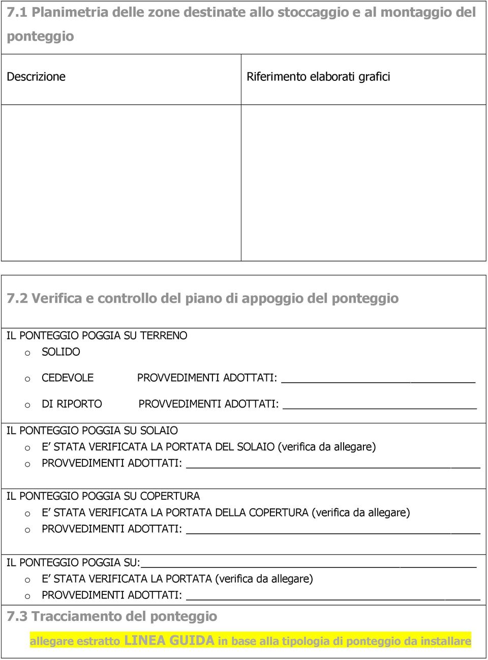 SU SOLAIO o E STATA VERIFICATA LA PORTATA DEL SOLAIO (verifica da allegare) o PROVVEDIMENTI ADOTTATI: IL PONTEGGIO POGGIA SU COPERTURA o E STATA VERIFICATA LA PORTATA DELLA COPERTURA