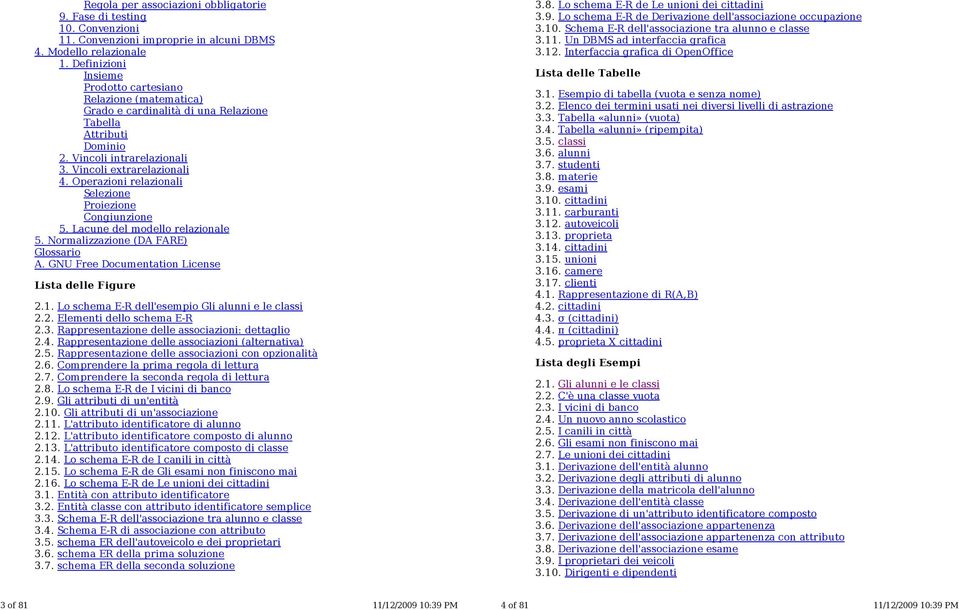 Operazioni relazionali Selezione Proiezione Congiunzione 5. Lacune del modello relazionale 5. Normalizzazione (DA FARE) Glossario A. GNU Free Documentation License Lista delle Figure 2.1.