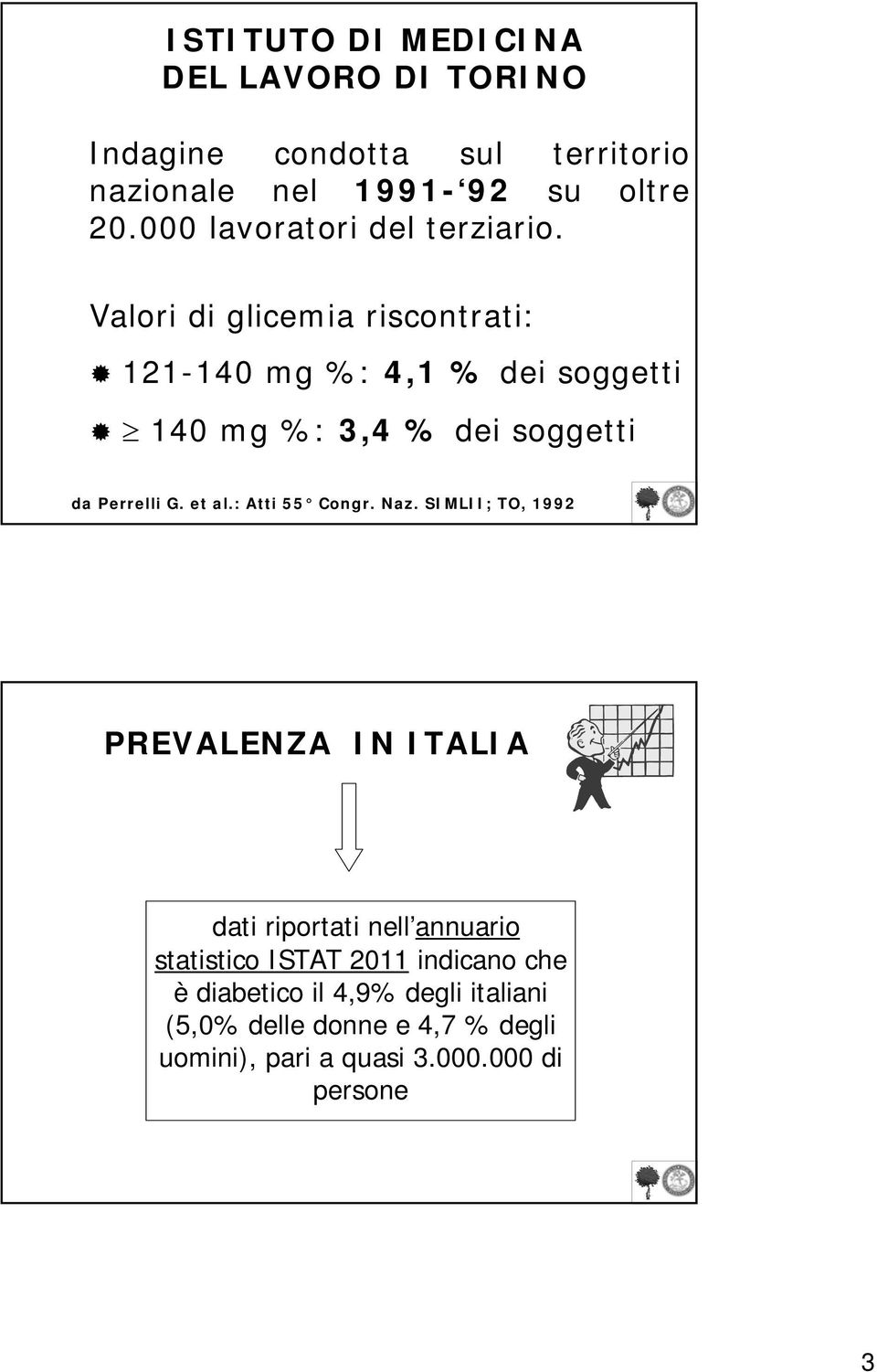 Valori di glicemia riscontrati: 121-140 mg %: 4,1 % dei soggetti 140 mg %: 3,4 % dei soggetti da Perrelli G. et al.