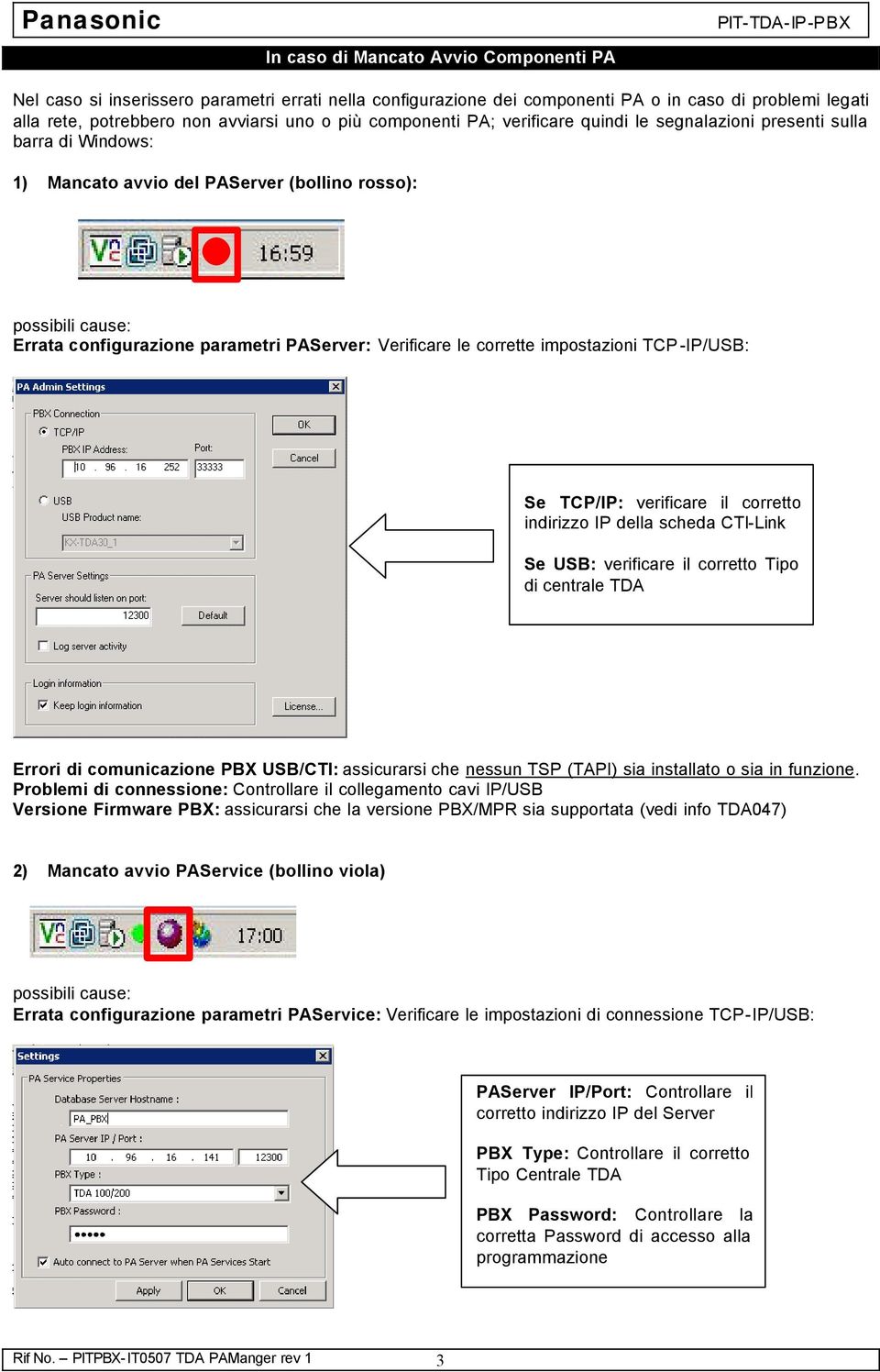 le corrette impostazioni TCP -IP/USB: Se TCP/IP: verificare il corretto indirizzo IP della scheda CTI-Link Se USB: verificare il corretto Tipo di centrale TDA Errori di comunicazione PBX USB/CTI: