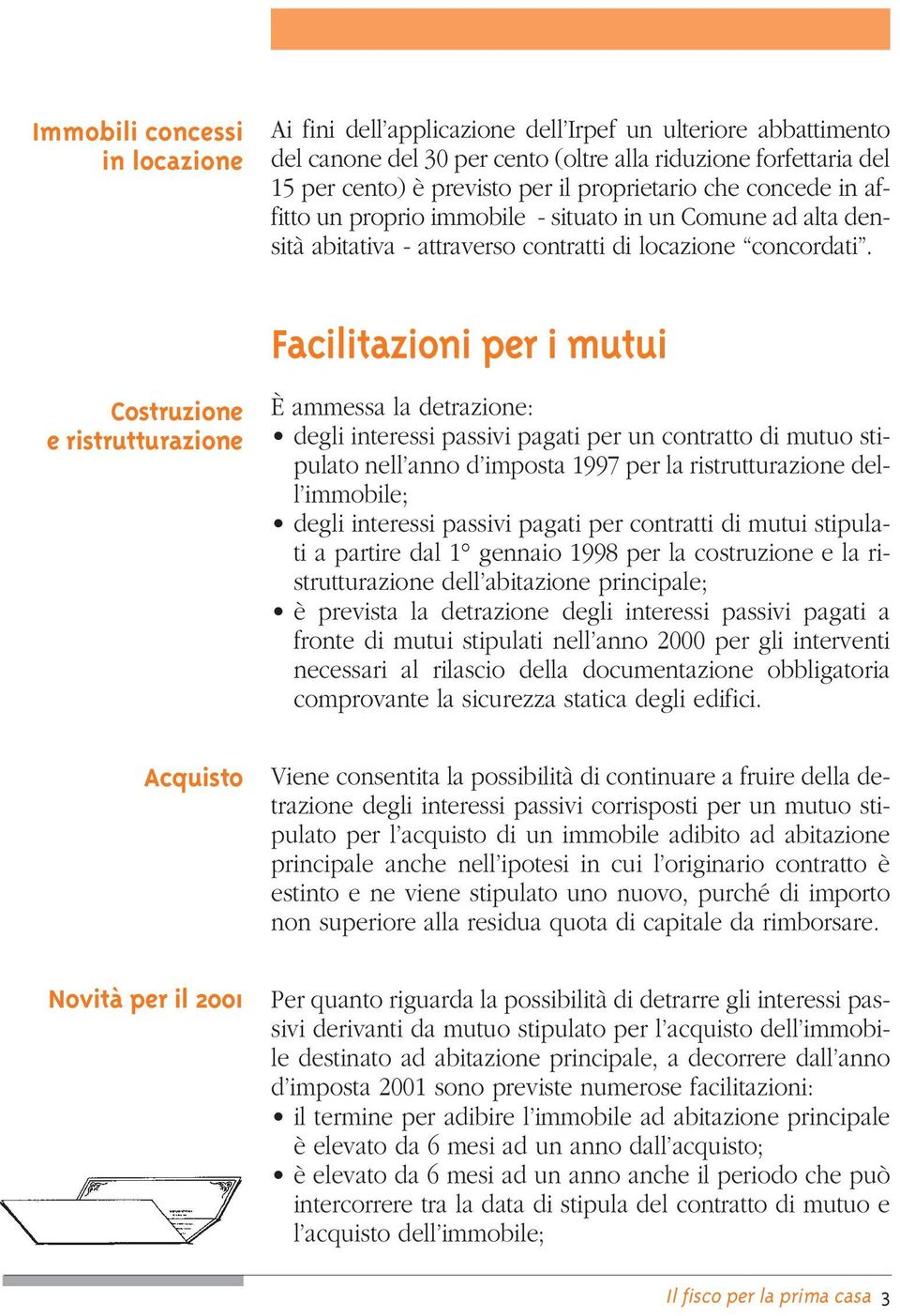 Facilitazioni per i mutui Costruzione e ristrutturazione Acquisto Novità per il 2001 È ammessa la detrazione: degli interessi passivi pagati per un contratto di mutuo stipulato nell anno d imposta