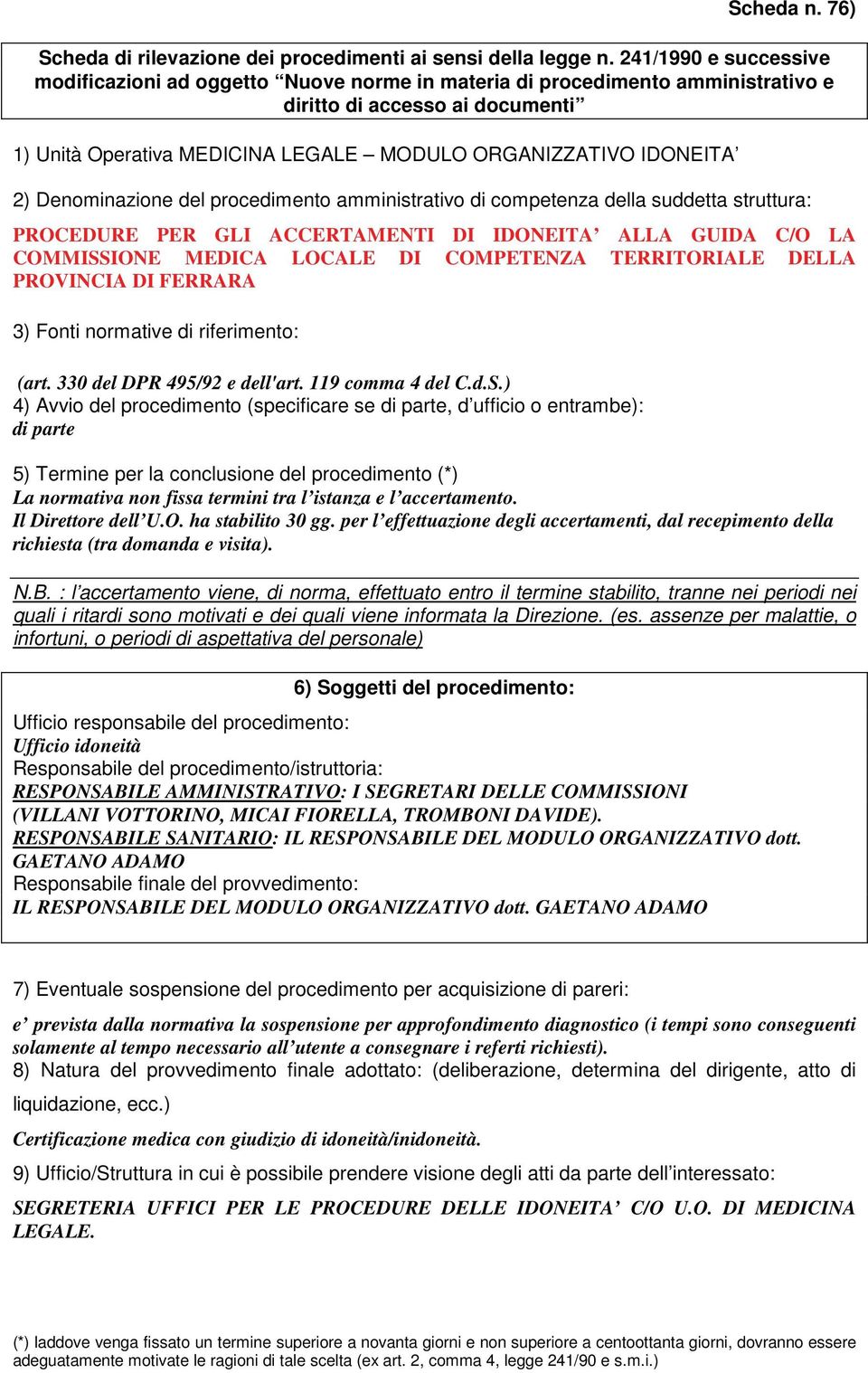 DI FERRARA (art. 330 del DPR 495/92 e dell'art. 119 comma 4 del C.d.S.) di parte Il Direttore dell U.O. ha stabilito 30 gg.