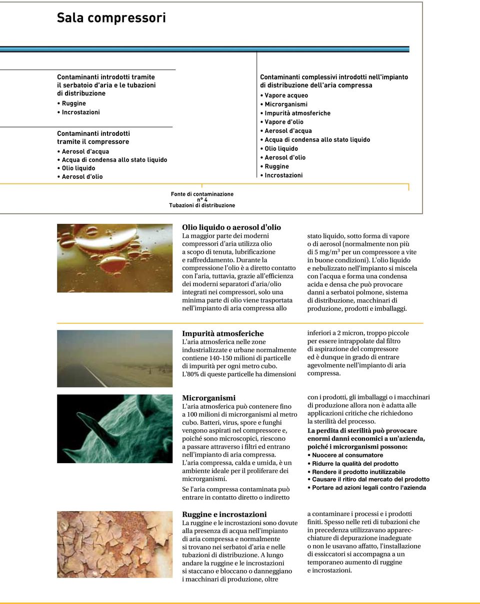 d'olio Aerosol d'acqua Acqua di condensa allo stato liquido Olio liquido Aerosol d'olio Ruggine Incrostazioni Fonte di contaminazione n 4 Tubazioni di distribuzione Olio liquido o aerosol d'olio La