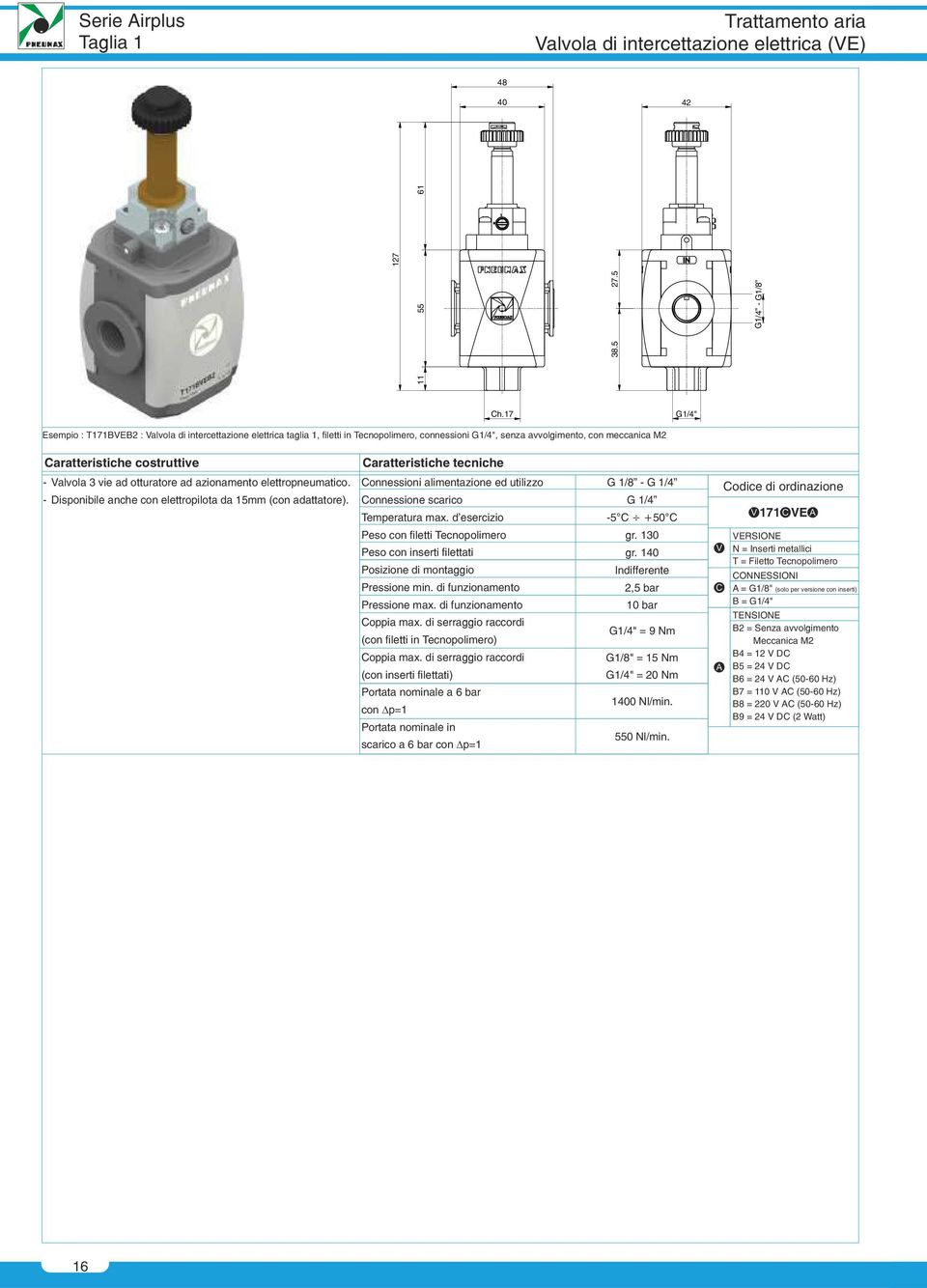 azionamento elettropneumatico. - Disponibile anche con elettropilota da 15mm (con adattatore). alimentazione ed utilizzo Connessione scarico G 1/4-5C 50C 171VE Pressione min.