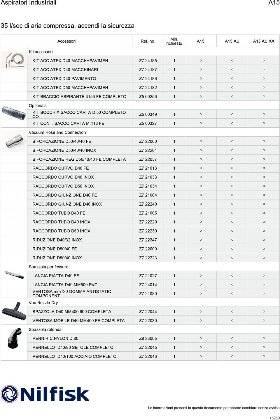 118 FE Z5 60327 1 Vacuum Hose and Connection BIFORCAZIONE D50/40/40 FE Z7 22060 1 BIFORCAZIONE D50/40/40 INOX Z7 22261 1 BIFORCAZIONE REG.