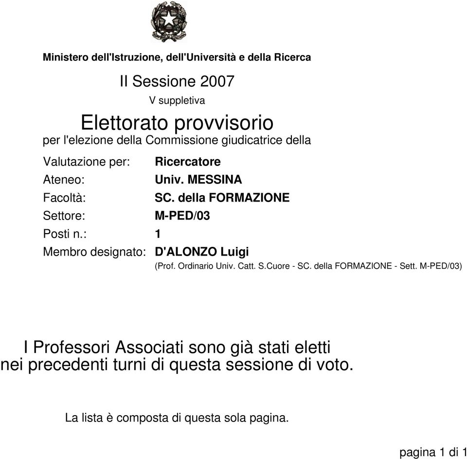 della FORMAZIONE M-PED/03 1 D'ALONZO Luigi (Prof. Ordinario Univ. Catt. S.Cuore - SC. della FORMAZIONE - Sett.