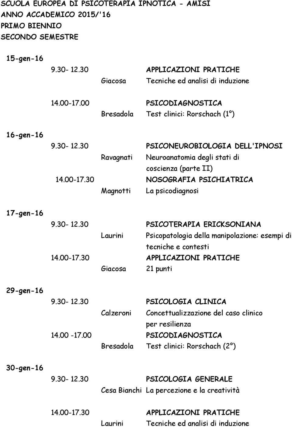 30 NOSOGRAFIA PSICHIATRICA Magnotti La psicodiagnosi 17-gen-16 Psicopatologia della manipolazione: esempi di tecniche e contesti 14.00-17.30 APPLICAZIONI PRATICHE 21 punti 29-gen-16 9.30-12.