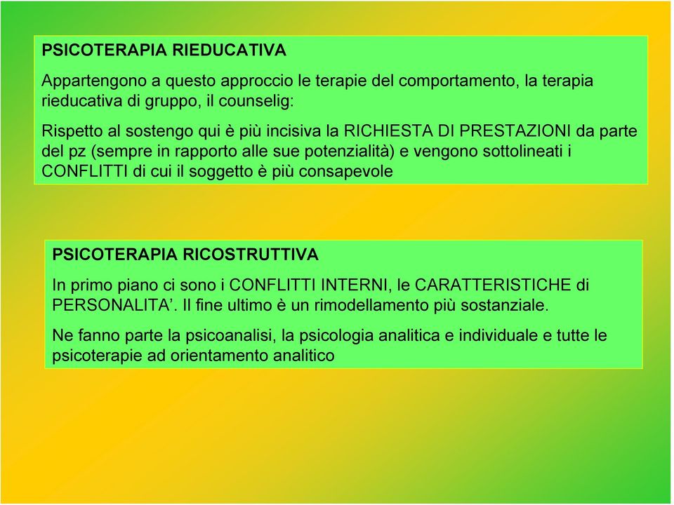 cui il soggetto è più consapevole PSICOTERAPIA RICOSTRUTTIVA In primo piano ci sono i CONFLITTI INTERNI, le CARATTERISTICHE di PERSONALITA.