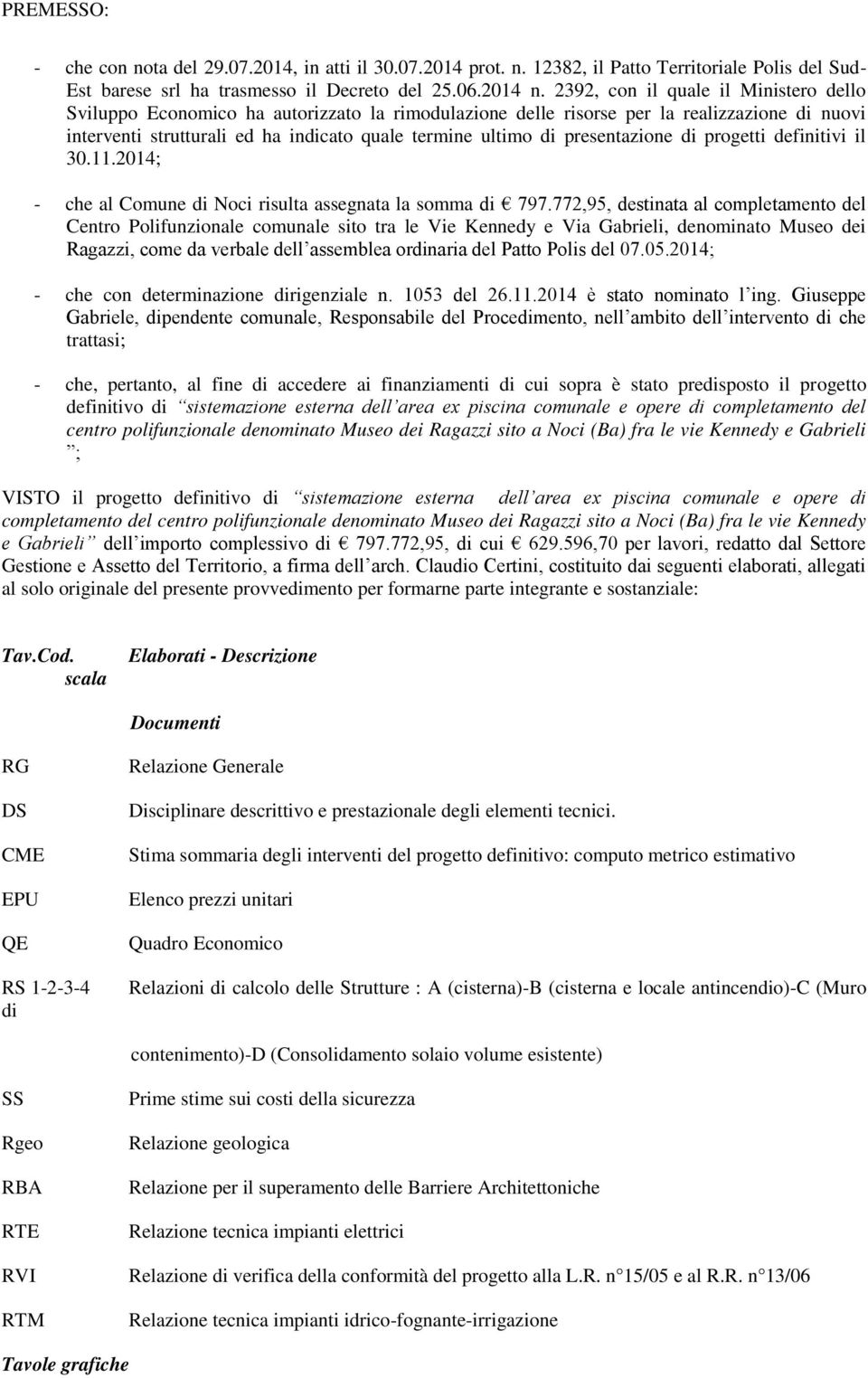 presentazione di progetti definitivi il 30.11.2014; - che al Comune di Noci risulta assegnata la somma di 797.