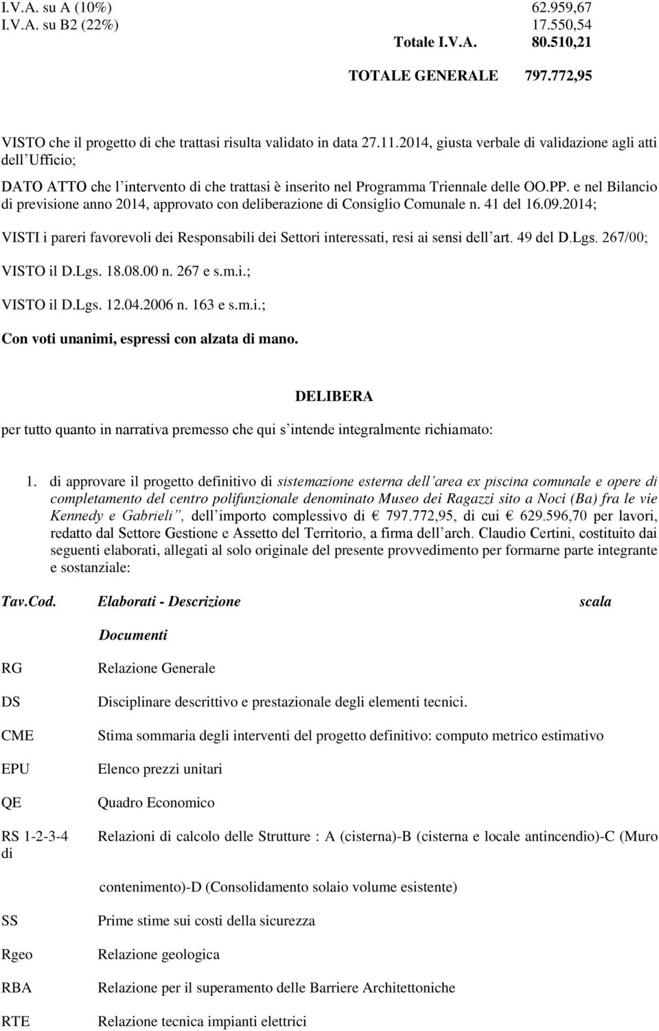 e nel Bilancio di previsione anno 2014, approvato con deliberazione di Consiglio Comunale n. 41 del 16.09.