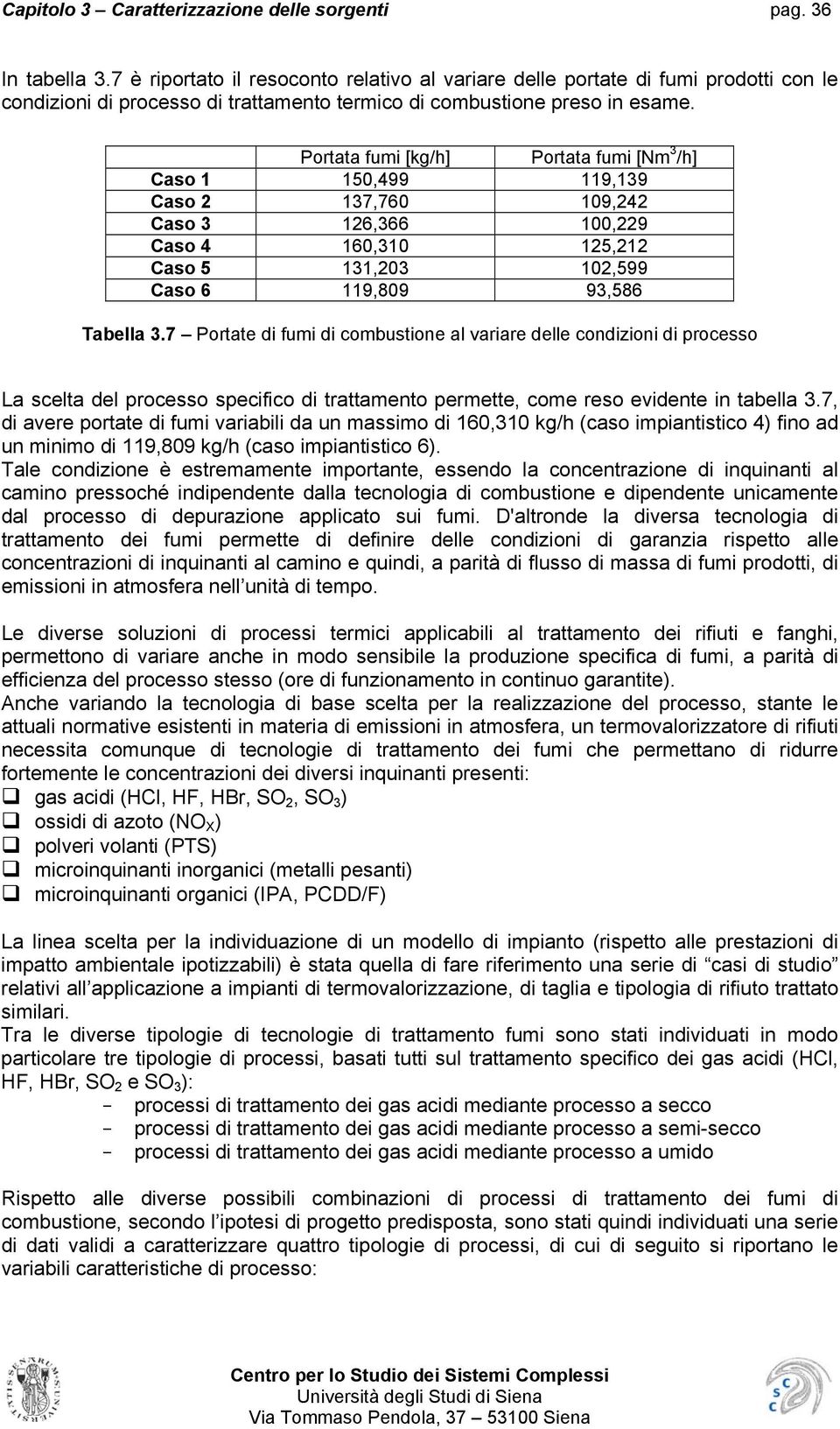 Portata fumi [kg/h] Portata fumi [Nm 3 /h] Caso 1 150,499 119,139 Caso 2 137,760 109,242 Caso 3 126,366 100,229 Caso 4 160,310 125,212 Caso 5 131,203 102,599 Caso 6 119,809 93,586 Tabella 3.