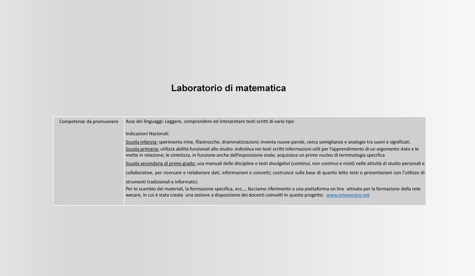 Scuola primaria: utilizza abilità funzionali allo studio: individua nei testi scritti informazioni utili per l apprendimento di un argomento dato e le mette in relazione; le sintetizza, in funzione