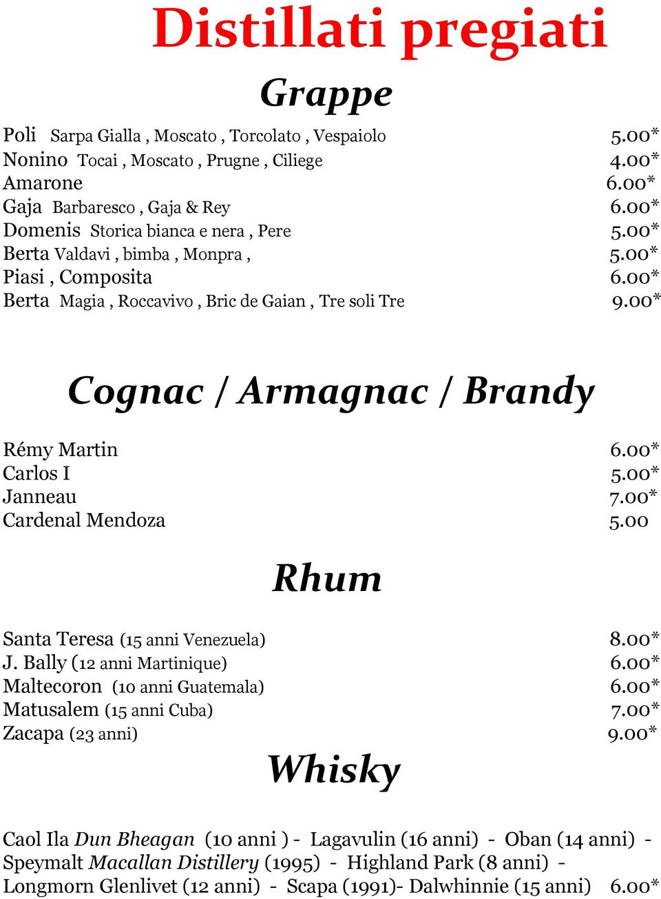 00* Cognac / Armagnac / Brandy Rémy Martin 6.00* Carlos I 5.00* Janneau 7.00* Cardenal Mendoza 5.00 Rhum Santa Teresa (15 anni Venezuela) 8.00* J. Bally (12 anni Martinique) 6.
