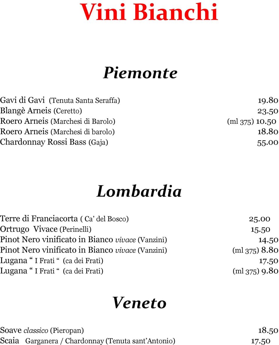 00 Ortrugo Vivace (Perinelli) 15.50 Pinot Nero vinificato in Bianco vivace (Vanzini) 14.