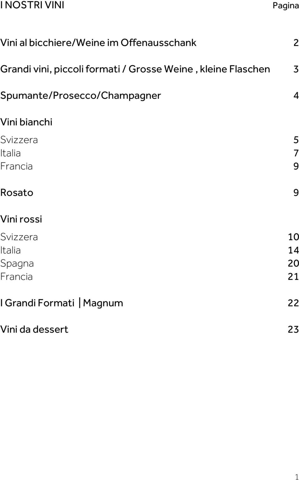 Spumante/Prosecco/Champagner 4 Vini bianchi Svizzera 5 Italia 7 Francia 9