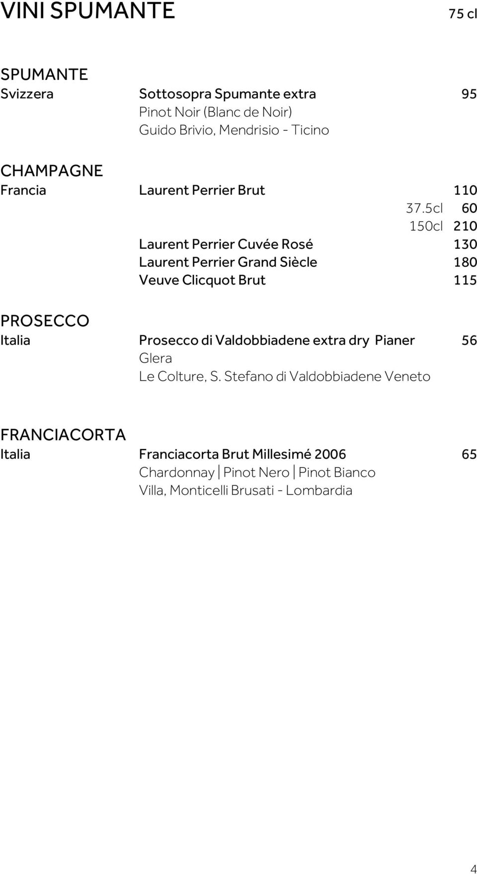 5cl 60 150cl 210 Laurent Perrier Cuvée Rosé 130 Laurent Perrier Grand Siècle 180 Veuve Clicquot Brut 115 PROSECCO Italia Prosecco